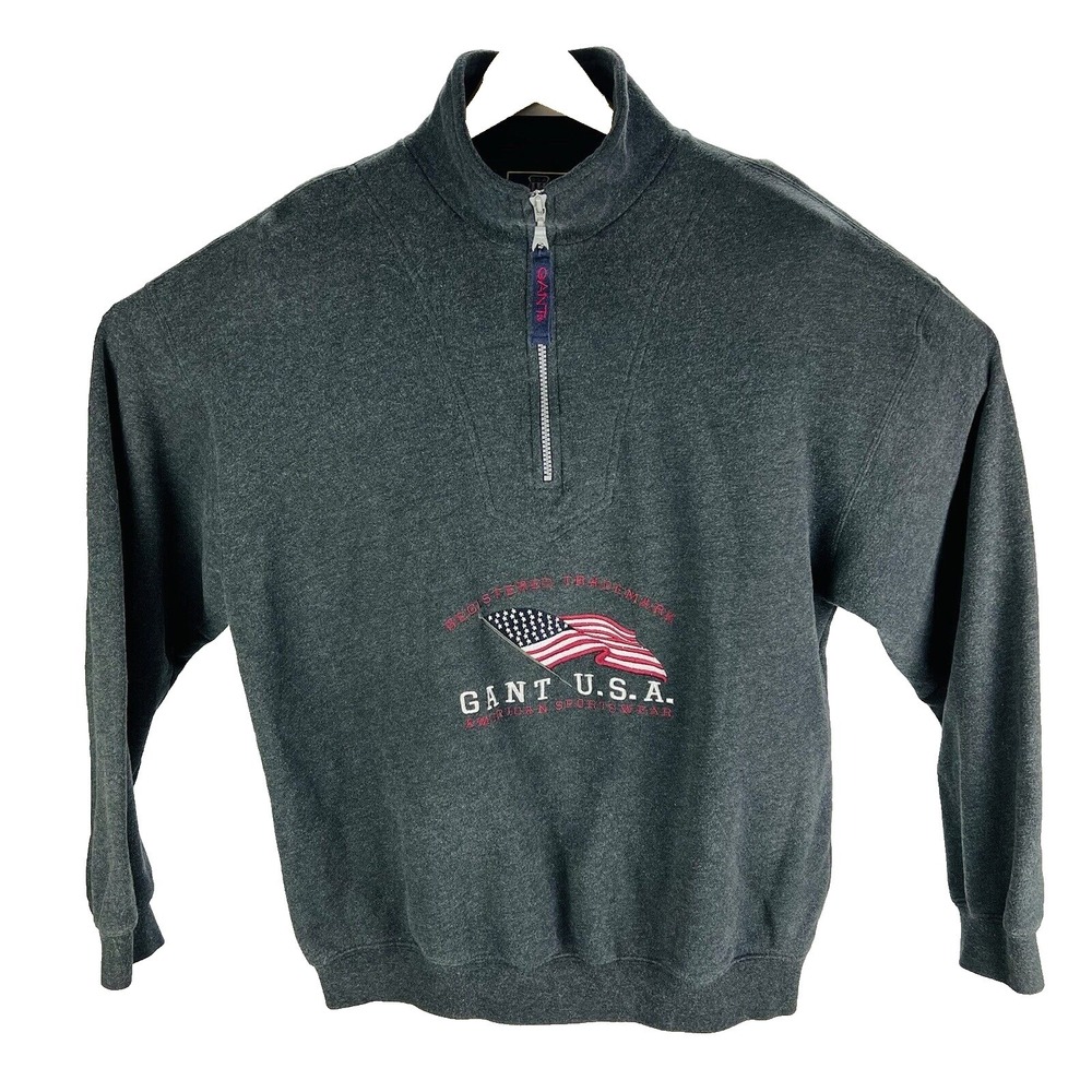 VTG GANT USA Grey Flag Embroidered 1/4 Zip Cotton Pullover Sweater Size Large L